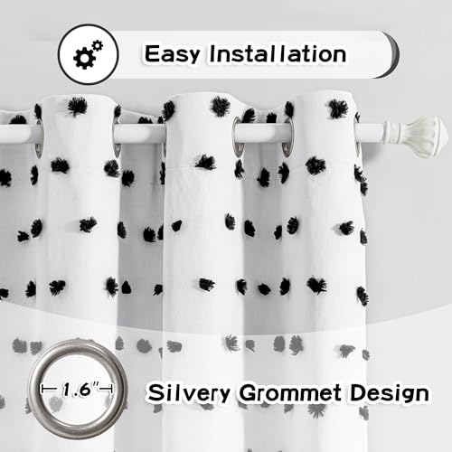 Blackout Curtains for Kids Bedroom 100% Light Block Out Thermal Insulated Curtain 63 Inches Grommet Room Darkening Curtains Privacy Window Drapes with Black Pom Pom Sheer 2 PCS (2 Count)