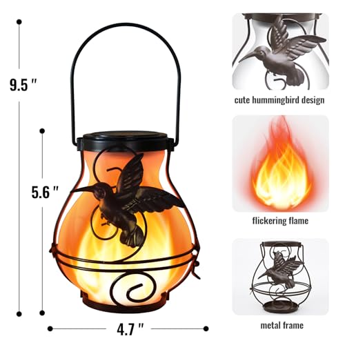 2 Pack Solar Lanterns Outdoor Waterproof Flickering Flame Lights Hummingbird Metal Hanging Solar Lantern Patio Porch Garden Decoration (2 Count)