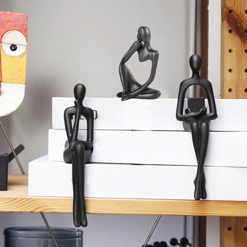 Abstract Small Black Reading Thinker Statue for Book Shelf Office (3 Count)