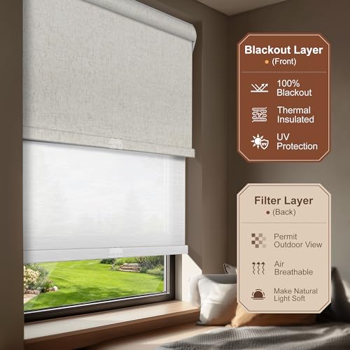 Cordless Dual Roller Shades.Linen Beige&See