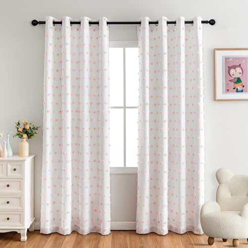 Total Blackout Curtains for Girls Bedroom 90 Inch Long 100% Light Blocking Curtains for Living Room 2 Panels Room Darkening Grommet Double Layer Drapes with Pink Pom Pom Sheer 50W x 90L (30 Count)