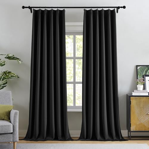 Solid Black Blackout Pinch Pleat Curtains 96 Inches Long for Living Room (2 Count)