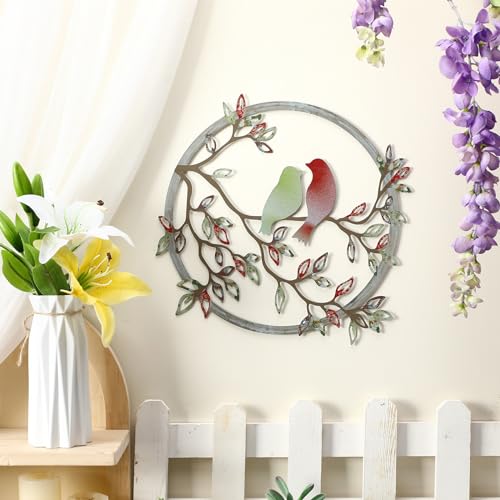 Metal Wall Art Bird on Tree Branch Silhouette Bird Hanging Ornament Porch Wall Decor for Living Room Outdoor Garden Bedroom Office Housewarming Party Decoration