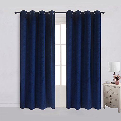 Set of 2 Velvet Flannel Blackout Curtains Panel Drapes Grommet Draperies Eyelet 52Wx96L inch Navy Royal Blue