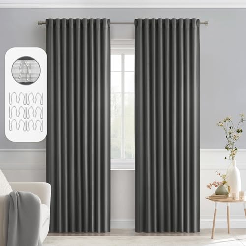 Grey Back Tab Blackout Curtains 52x90 Inch Long 2 Panels Set (2 Count)