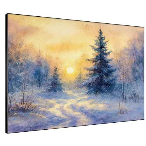 46"x60" Extra Large Framed Wall Art Winter Sunrise in Snowy Pine Forest Watercolor Style for Home Living Room Bedroom Decor