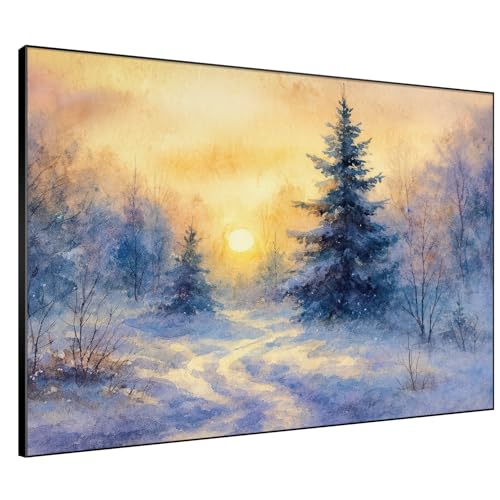 36"x46" Extra Large Framed Wall Art Winter Sunrise in Snowy Pine Forest Watercolor Style for Home Living Room Bedroom Decor