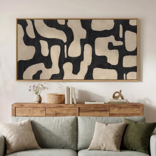 Large Framed Black and Beige Abstract Wall Art for Living Room