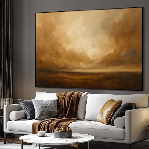 46"x60" Extra Large Framed Wall Art Golden Horizon Abstract Landscape Warm Brown and Amber Sky Illustration for Home Living Room Bedroom Decor