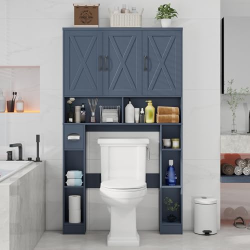Over The Toilet Storage Cabinet with 3 Barn Doors.Blue