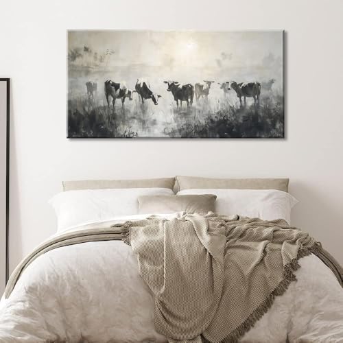 Black and White Cow Wall Art for Living Room Ink Wash Canvas Painting Prints Morning Cattle Vintage Country Farmhouse Artwork Bedroom Office Decor