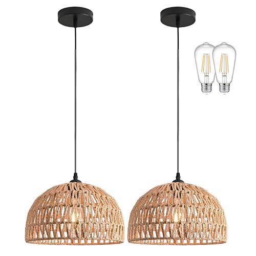 2 Pack Hemp Rope Woven Pendant Light Woven Light Fixture Boho Chandelier Light Fixture Wicker Pendant Lights Rattan Dome Wicker Chandelier for Dining Room Kitchen Island