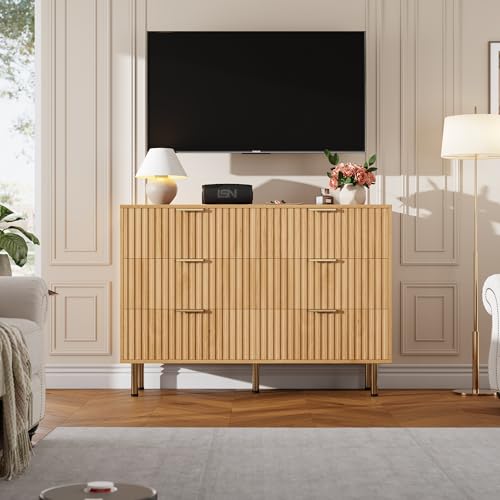47.2" Fluted Natural 6 Drawer Dresser for Bedroom