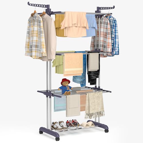 Clothes Drying Rack Folding with Wheels Drying Rack Clothing Clothes Horses Rack Stainless Steel Laundry Drying Rack with Two Side Wings 4 Tier Grey