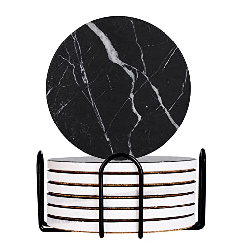 Drink Coasters with Holder Absorbent Ceramic Coasters Set of 6 Black Marble Style