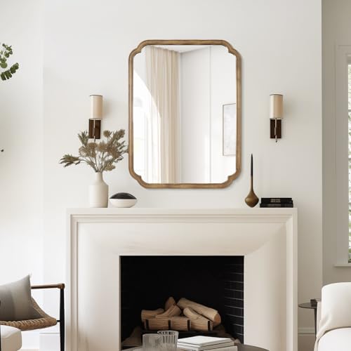 28" x 40" Rounded Corner Arch Wall Mirror with Wood Frame for Entryway
