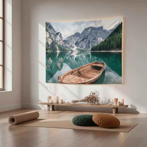 Nature Mountain Lake Boat Tapestry 48x36 Inch