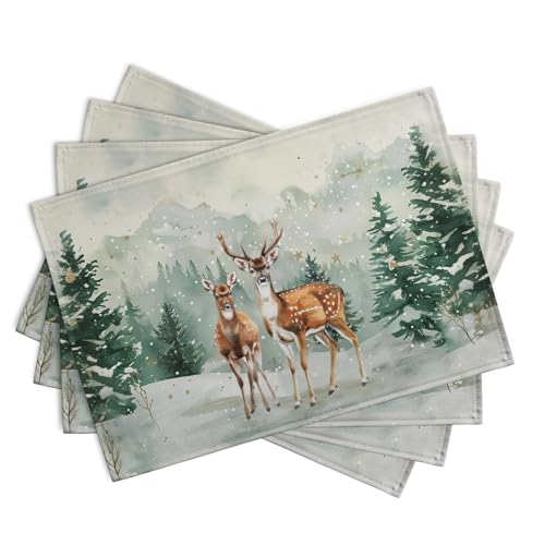 Christmas Watercolor Deer Trees Snowflakes Placemats Set of 4 Winter Rustic Nature Forest Linen Table Mat 12x18 Inch Seasonal Farmhouse Washable Place Mats for Dining Table Kitchen Xmas Decor (4 Count)