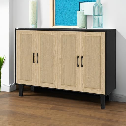 Buffet Storage Cabinet with Rattan Decorating 4 Doors Living Room Kitchen Sideboard 48.43 x 34.65 x 15 inch