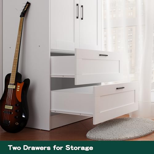 Wood White Wardrobe Closet with 2 Doors and 2 Drawers