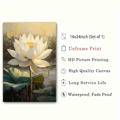 Lotus Flower Poster Summer Flower Picture Zen Lotus Pond Painting Water Lily Poster Green Plants Paintings Zen Canvas Botanical Art Print Vintage Floral Wall Art Modern Room Decor 16x24inch No Frame