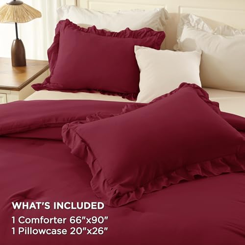 Burgundy Twin Size Ruffle Comforter Set