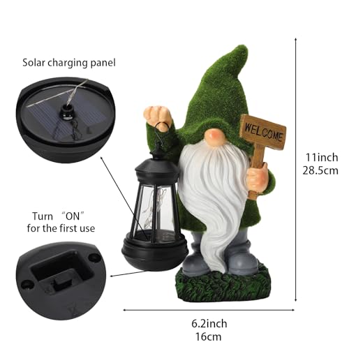 Garden Gnome Statue with Solar Lantern Welcome Sign Outdoor Decor for Porch Lawn Patio Yard Holiday Decorations Housewarming Christmas Decor Gifts for Women