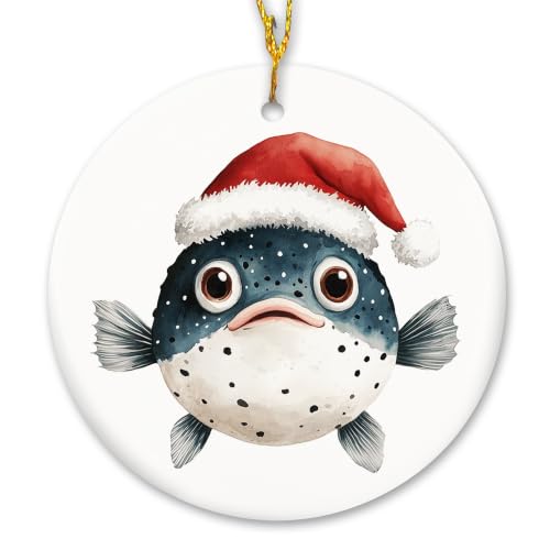Funny Santa Pufferfish Christmas Ceramic Ornament