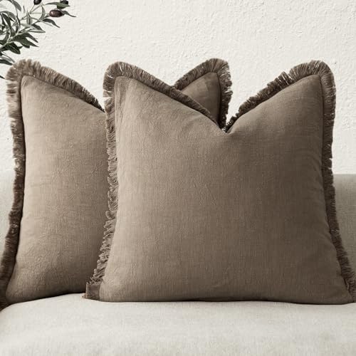 Decorative Linen Fringe Throw Pillow Covers 20×20 Light Brown (2 Count)