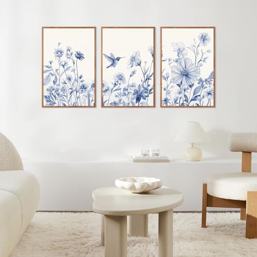 Vintage Blue Bird Flower Framed Canvas Wall Art