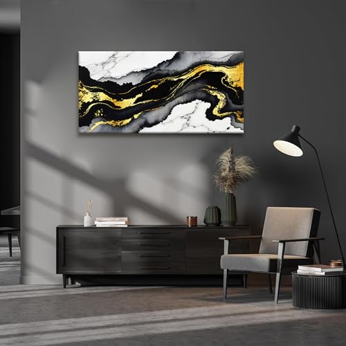 Abstract Black And Gold Wall Art For Living Room Artwork 24x48 Inch
