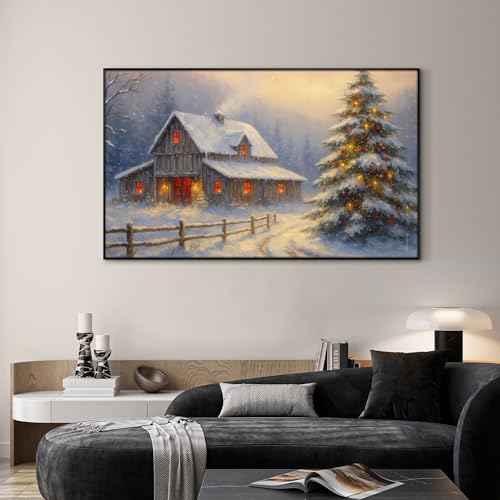 30"x60" Extra Large Framed Wall Art Rustic Winter Cabin with Christmas Tree and Snowy Landscape for Home Living Room Bedroom Decor