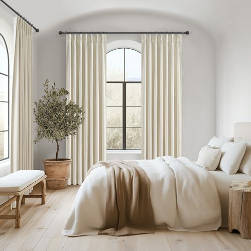 Pinch Pleat Cream Linen 102 Inch Long Curtains for Dining Room 2 Panels Set