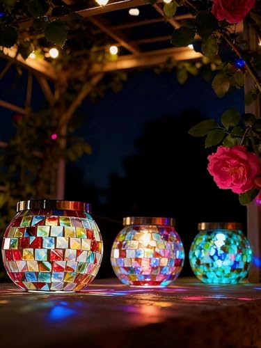 2 Pack Gift for her him Landscape Lighting Path Lights Heavy Solar Mosaic Lantern with RGB Color (2 Count)