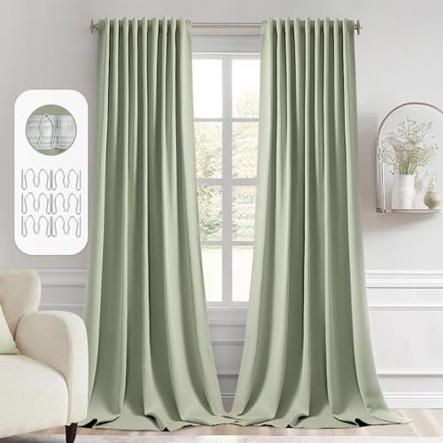Sage Green Back Tab Blackout Curtains 52x102 Inch Long 2 Panels Set (2 Count)