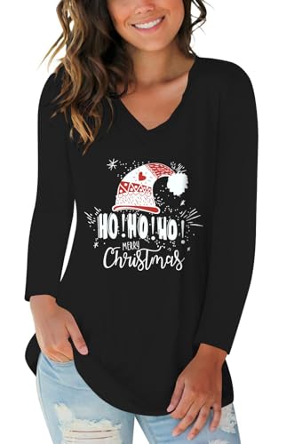 Long Sleeve Christmas Shirts for Women Santa's Hat Print Costumes Tops Ho Ho Ho Xmas V