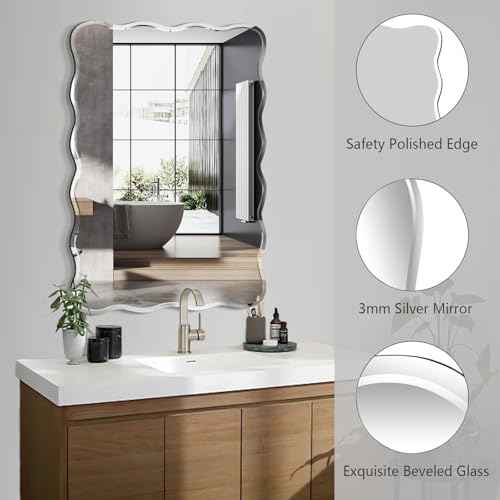 24x36 Inch Frameless Wavy Wall Mirror for Bathroom Sink