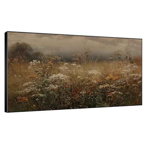 36"x60" Extra Large Framed Wall Art Autumn Meadow Landscape Rustic Brown and Golden Field Illustration for Home Living Room Bedroom Decor