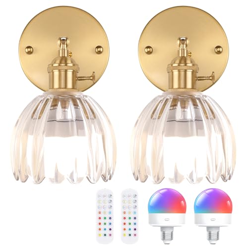 Vintage Battery Operated Wall Sconce with Transparent Tulip Glass Lampshade Rechargeable Battery Powered Wall Light with Remote Control for Bedside Bedroom Doorway (2 Count)