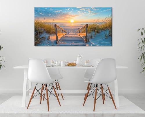 Beautiful White Sandy Beach Pier by Seaside at Sunset Landscape Wall Art Decor Artwork for Bedroom Living Room