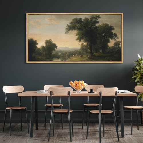 Extra Large Framed Canvas Print Wall Art Pastoral Countryside Landscape Serene River View with Cows and Trees Illustrations Fine Art Illustrations Decorative Colorful for Bedroom