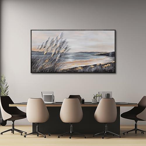 Ocean Wall Art Grey and Black Wall Decor Framed art Aesthetic Coastal Canvas Painting for Living Room Bedroom Dining Room Office Home Decor 24x48 Inch