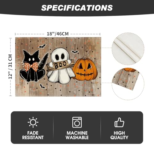 Wood Polka Dot Ghost Cat Boo Halloween Placemats Set of 4 (4 Count)