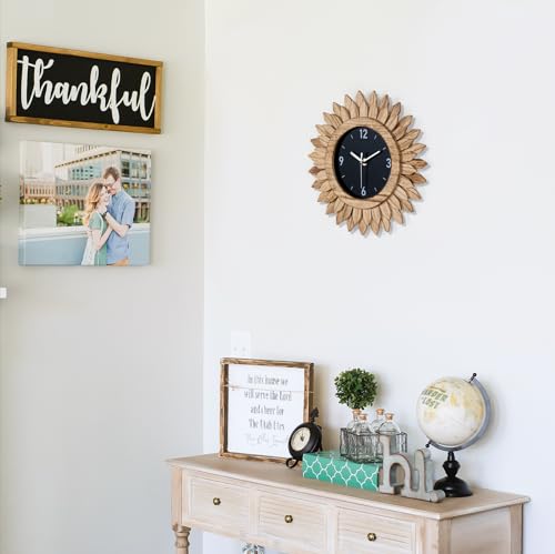 Wall Clock Battery Operated 12 in Rustic Wood Boho Sunburst Decorative Wall Clock Silent Non Ticking Farmhouse Small Wall Clocks for Living Room Kitchen Bathroom Bedroom Decor