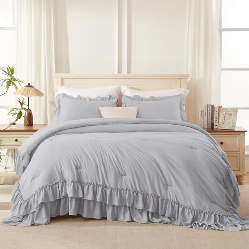 Silver Gray Twin Size Ruffle Comforter Set