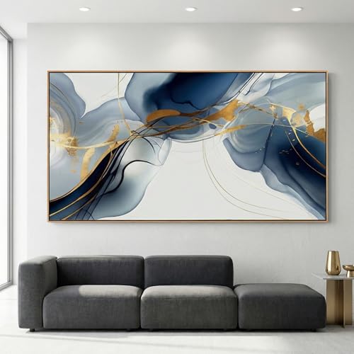 Abstract Painting Modern Art Wall Mural Gold And Blue Background Wall Decor for Living Room Bedroom Print on Artwork Home Decor Framed 30x60inch