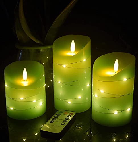Green LED flameless Candle with Embedded Star String (3 Count)
