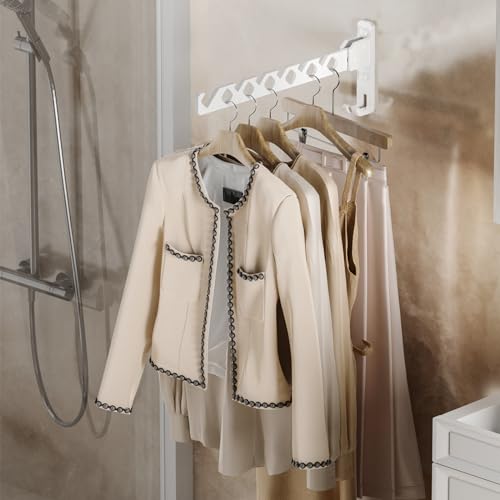 Wall Mount Coat Hanger Holder White Clothes Drying Organizer Rack Garment Hooks Aluminium Retractable Folding Indoor Wall Mounted Hanger for Laundry Room Bedroom White 2Pack with 80cm Rod