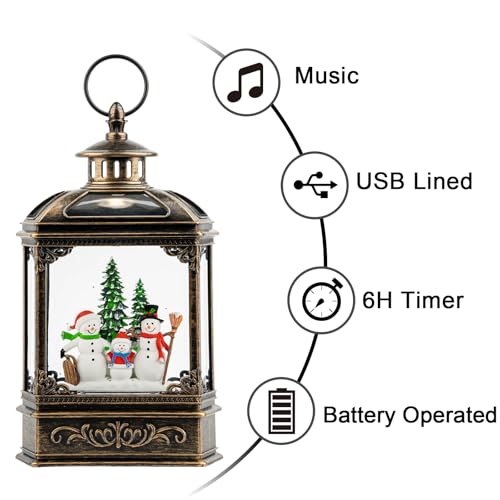 Christmas Snow Globe Lantern Water Glittering Snowman Family with Music & Timer