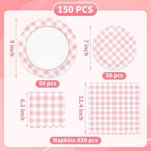 150 Pcs Pink Gingham Paper Plates and Napkins (150 Count)